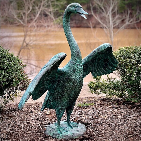 Bronze Standing Swan Flapping Wings Piped Water Fountain Sculpture